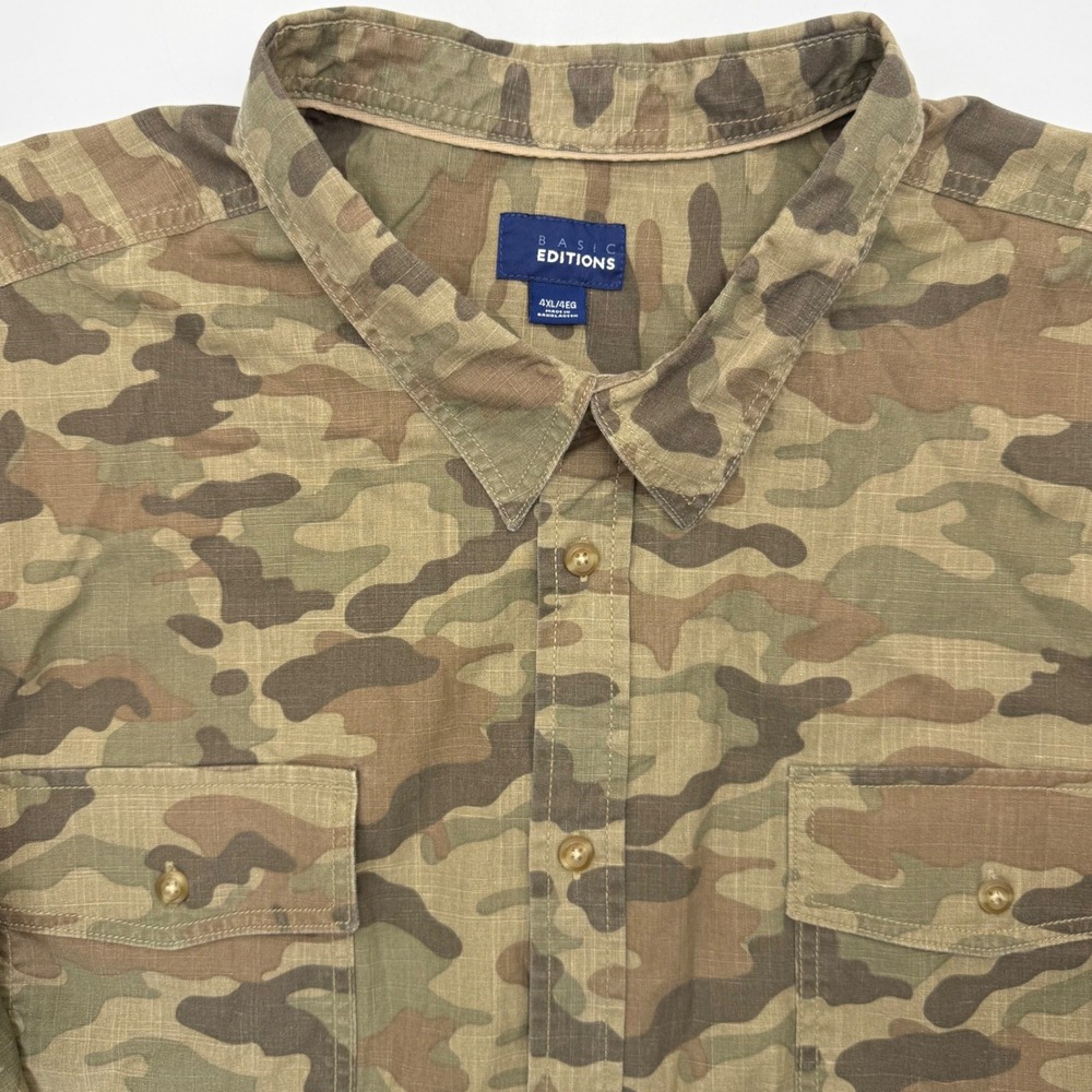 Basic Editions Shirt Mens 4XL Green Camo Short Sleeve Ripstop Cotton Utility